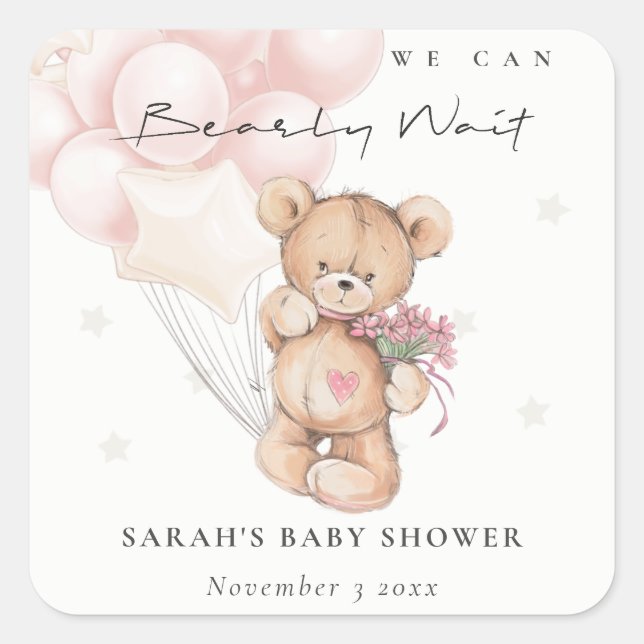 Cute Blush Bearly Wait Bear Balloon Baby Shower Square Sticker (Front)