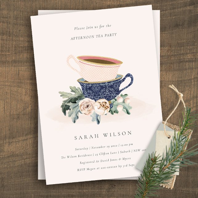 Cute Blush Blue Floral Afternoon Tea Party Invite (Creator Uploaded)