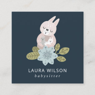 CUTE BLUSH BLUE NAVY SCANDI FLORAL BEAR HUG NANNY SQUARE BUSINESS CARD