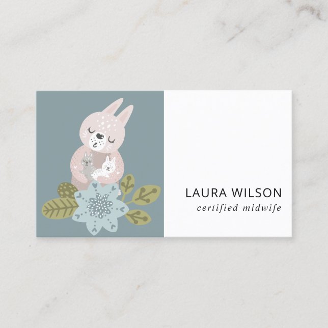 CUTE BLUSH BLUE SCANDI FLORAL BEAR BABY MIDWIFE BUSINESS CARD (Front)