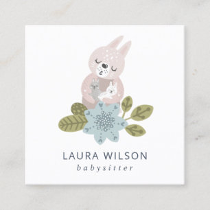 CUTE BLUSH BLUE SCANDI FLORAL BEAR HUG BABY NANNY SQUARE BUSINESS CARD