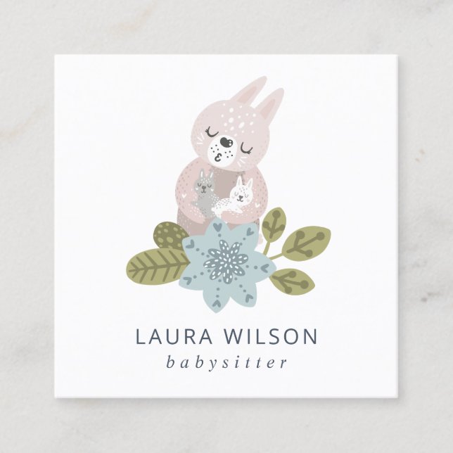 CUTE BLUSH BLUE SCANDI FLORAL BEAR HUG BABY NANNY SQUARE BUSINESS CARD (Front)