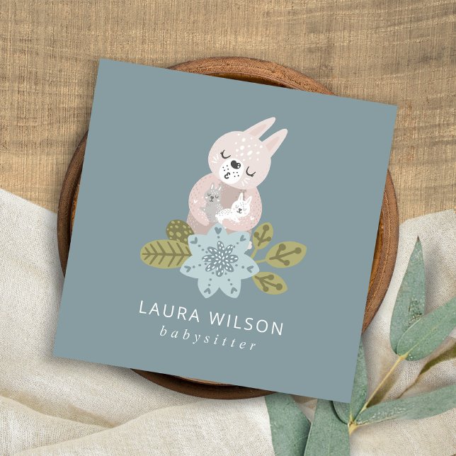 CUTE BLUSH BLUE SCANDI FLORAL BEAR HUG BABY NANNY SQUARE BUSINESS CARD (Creator Uploaded)