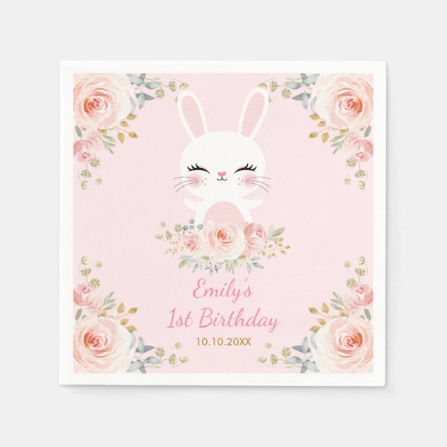 Cute Blush Bunny Rabbit Floral Birthday Party Napkin (Front)