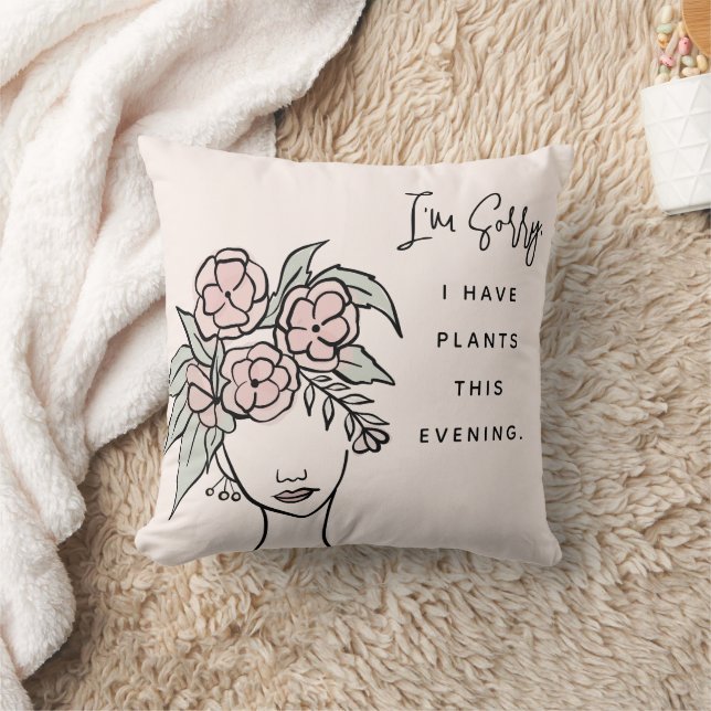 Cute Blush Busy with My Plants Floral Portrait Cushion (Blanket)