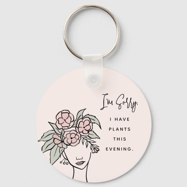 Cute Blush Busy with My Plants Floral Portrait Key Ring (Front)