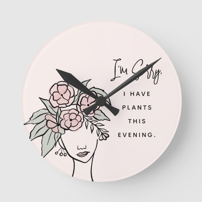 Cute Blush Busy with My Plants Floral Portrait Round Clock (Front)