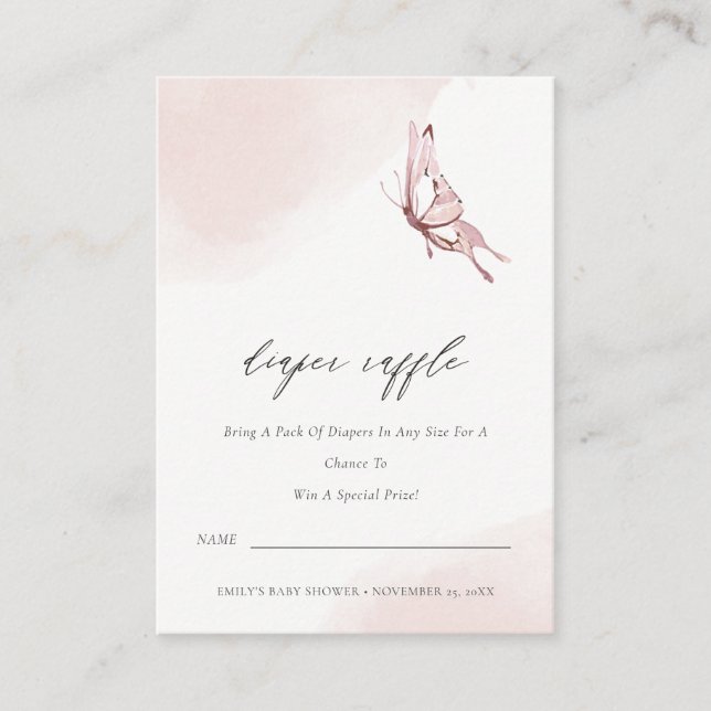 Cute Blush Butterfly Diaper Raffle Baby Shower Enclosure Card (Front)