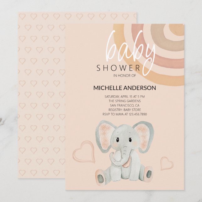 Cute Blush Elephant Watercolor Illustration Invitation (Front/Back)
