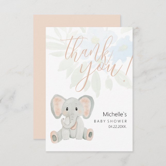 Cute Blush Elephant Watercolor Illustration Thank You Card (Front/Back)