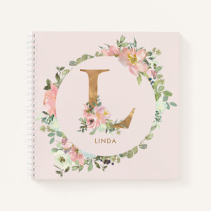Cute Blush Floral Gold Foil Letter L Monogram Notebook