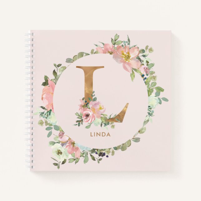 Cute Blush Floral Gold Foil Letter L Monogram Notebook (Front)