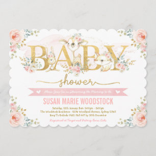 Cute Blush Floral Woodland Forest Girl Baby Shower Invitation