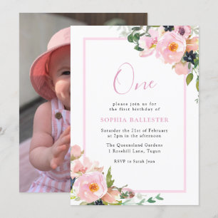 Cute Blush Flowers Girls 1st Birthday Party Photo Invitation
