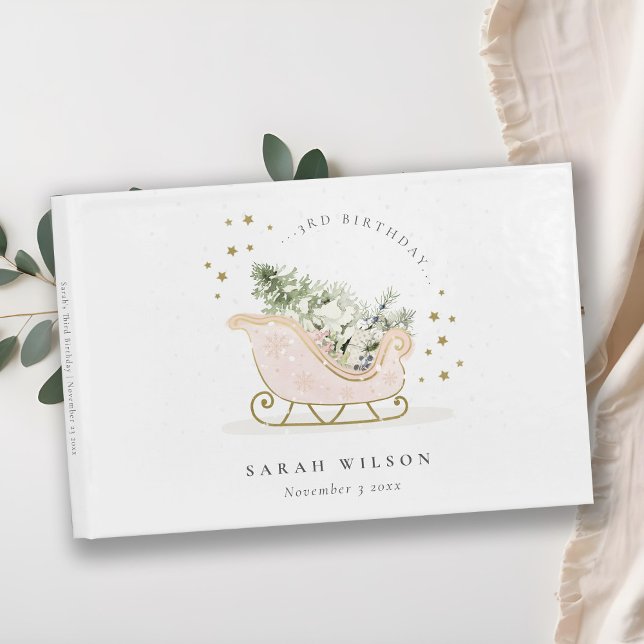 Cute Blush Gold Winter Sleigh Any Age Birthday Guest Book (Creator Uploaded)