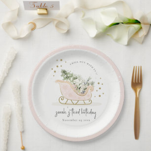 Cute Blush Gold Winter Sleigh Any Age Birthday Paper Plate