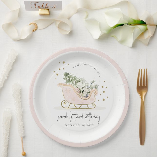 Cute Blush Gold Winter Sleigh Any Age Birthday Paper Plate (Wedding)