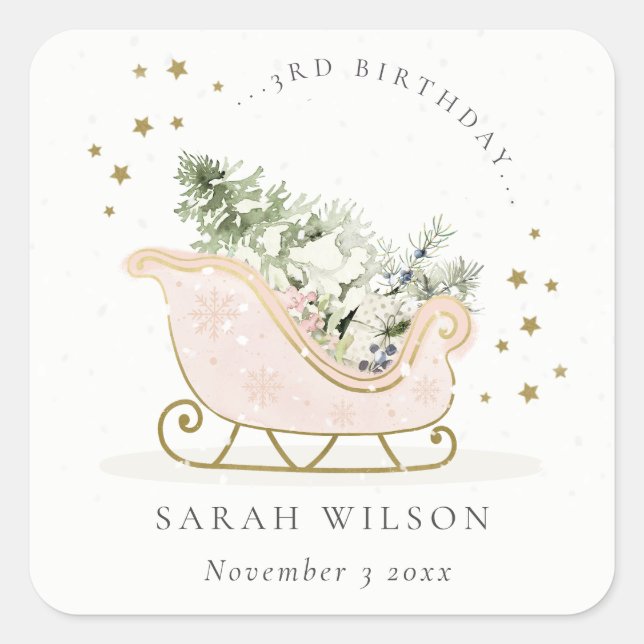 Cute Blush Gold Winter Sleigh Any Age Birthday Square Sticker (Front)