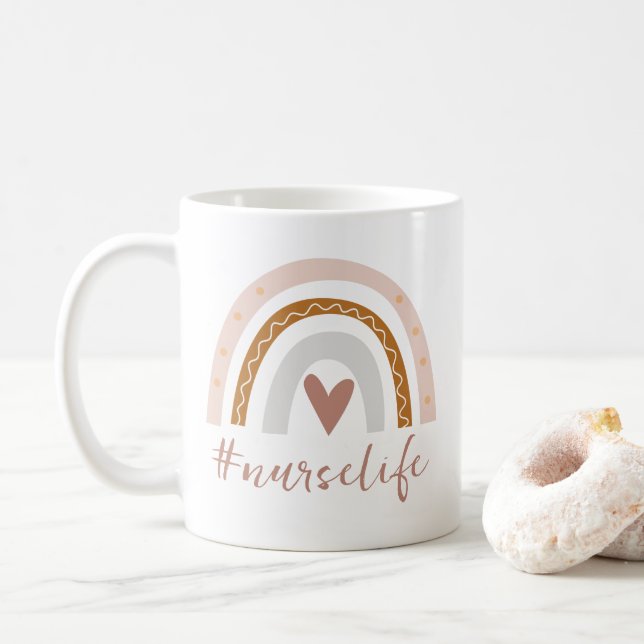 Cute blush grey boho heart rainbow nurse life coffee mug (With Donut)