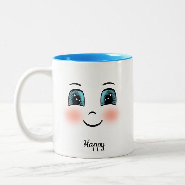 Cute blush happy face on white Two-Tone coffee mug (Left)