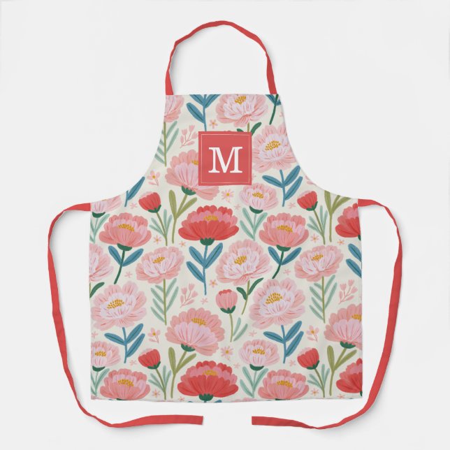 Cute Blush Peony Flowers Kitchen Apron (Front)