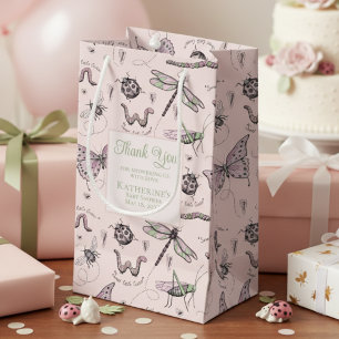 Cute Blush Pink and Green Insect Pattern Small Gift Bag