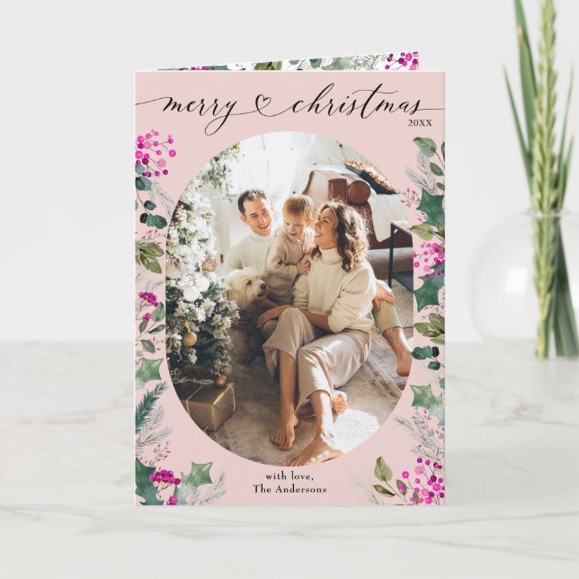 Cute Blush Pink Berries Greenery Photo Christmas Card (Front)