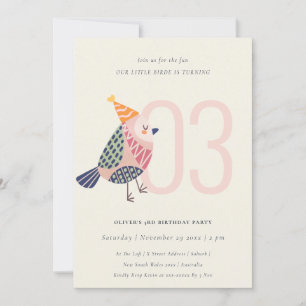 Cute Blush Pink Birdie Any Age 3rd Birthday Invitation