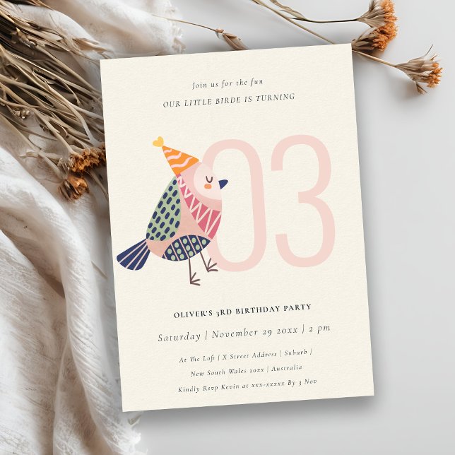 Cute Blush Pink Birdie Any Age 3rd Birthday Invitation (Creator Uploaded)