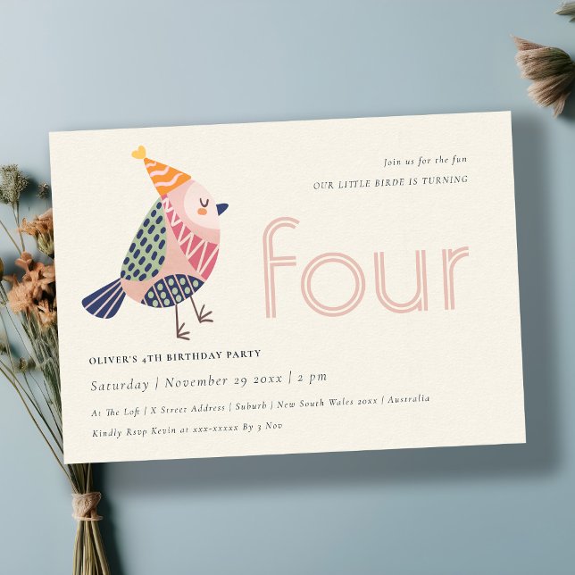 Cute Blush Pink Birdie Any Age 4th Birthday Invite (Creator Uploaded)