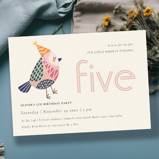 Cute Blush Pink Birdie Any Age 5th Birthday Invite (Creator Uploaded)