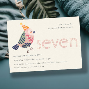Cute Blush Pink Birdie Any Age 7th Birthday Invite