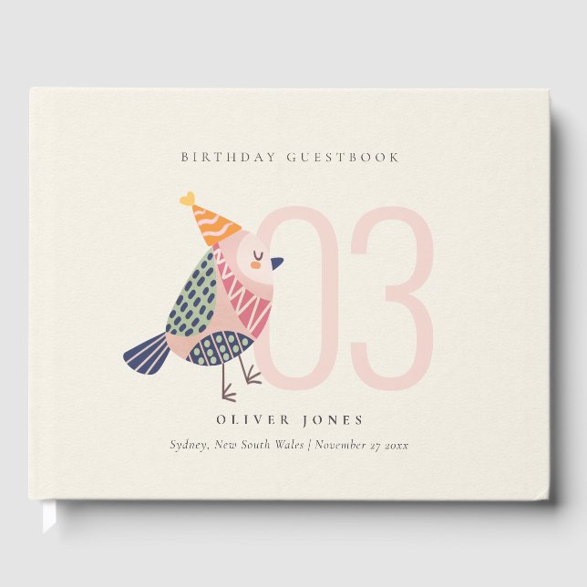 Cute Blush Pink Boho Birdie Any Age Birthday Guest Book (Front)