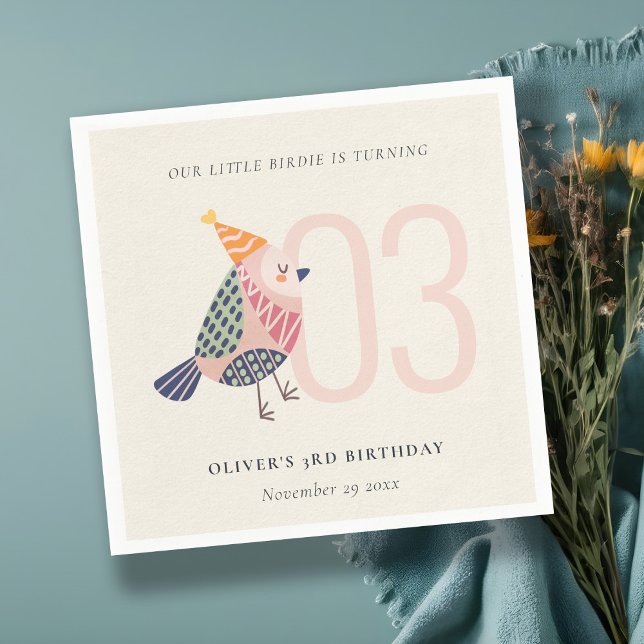 Cute Blush Pink Boho Birdie Any Age Birthday Napkin (Creator Uploaded)