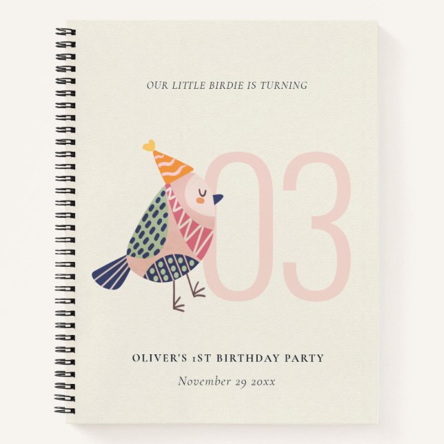 Cute Blush Pink Boho Birdie Any Age Birthday Notebook (Front)