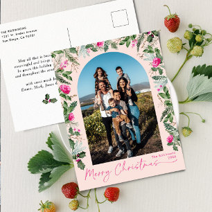 Cute Blush Pink Botanical Arch 1 Photo Christmas Postcard