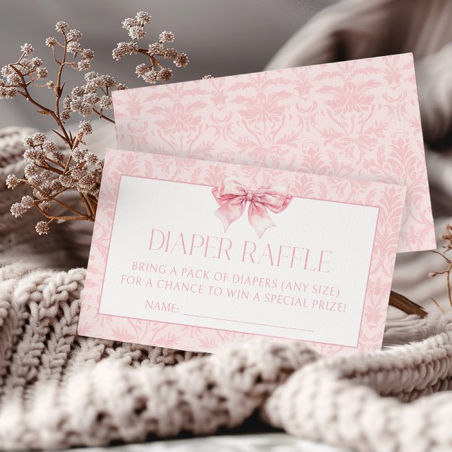 Cute Blush Pink Bow Baby Girl Shower Diaper Raffle Enclosure Card (Creator Uploaded)