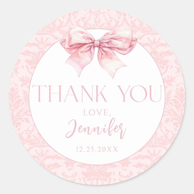 Cute Blush Pink Bow Baby Girl Shower Thank You Classic Round Sticker (Front)