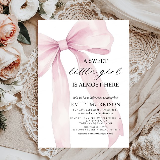 Cute Blush Pink Bow Sweet Little Girl Baby Shower Invitation (Creator Uploaded)