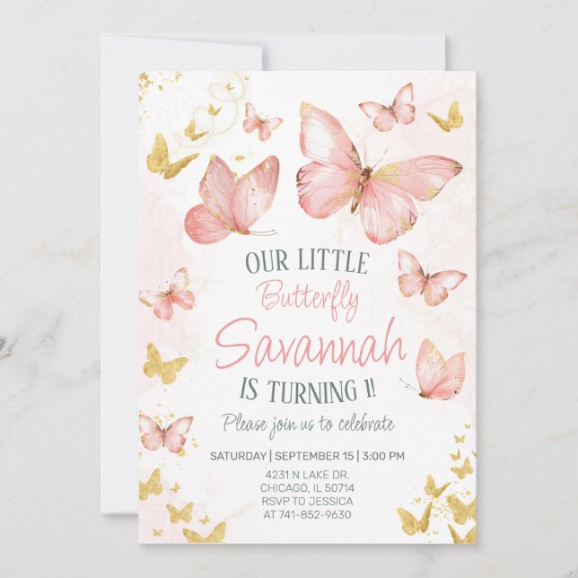 Cute Blush Pink Butterflies 1st Birthday Party Invitation (Front)