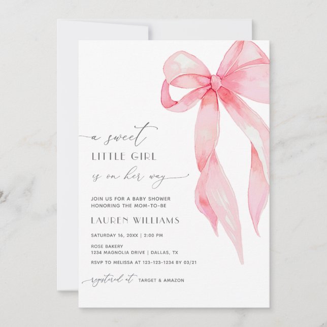 Cute Blush Pink Coquette Bow Baby Girl Shower Invitation (Front)