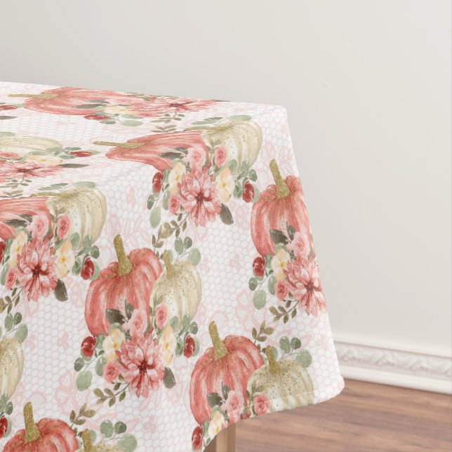 Cute Blush Pink Cream Pumpkin Floral Beehive Girls Tablecloth (In Situ)