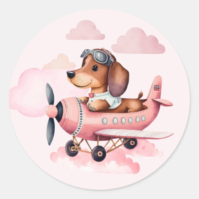 Cute Blush Pink Dachshund Plane Girl Baby Shower Classic Round Sticker (Front)