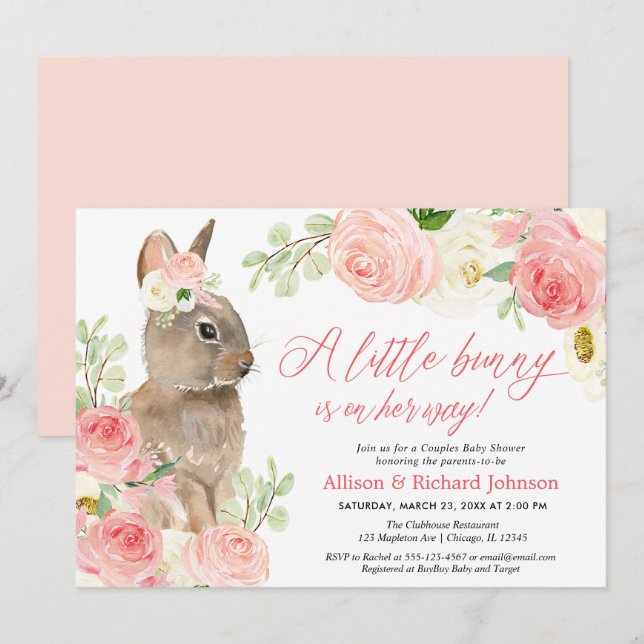 Cute Blush pink Easter bunny couples baby shower Invitation (Front/Back)