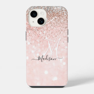 Cute blush pink faux silver glitter monogram iPhone 14 case