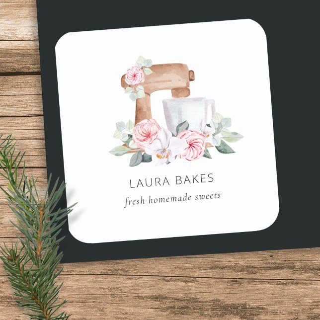 Cute Blush Pink Floral Cake Mixer Bakery Catering Classic Round Sticker (Creator Uploaded)