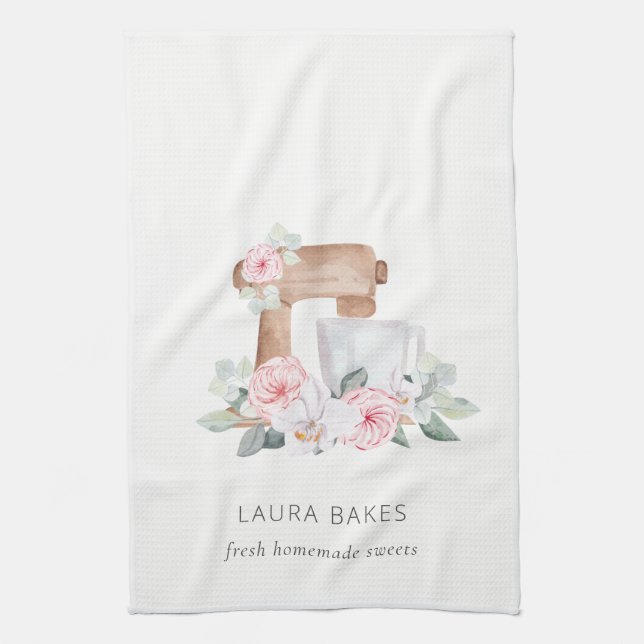 Cute Blush Pink Floral Cake Mixer Bakery Catering Tea Towel (Vertical)