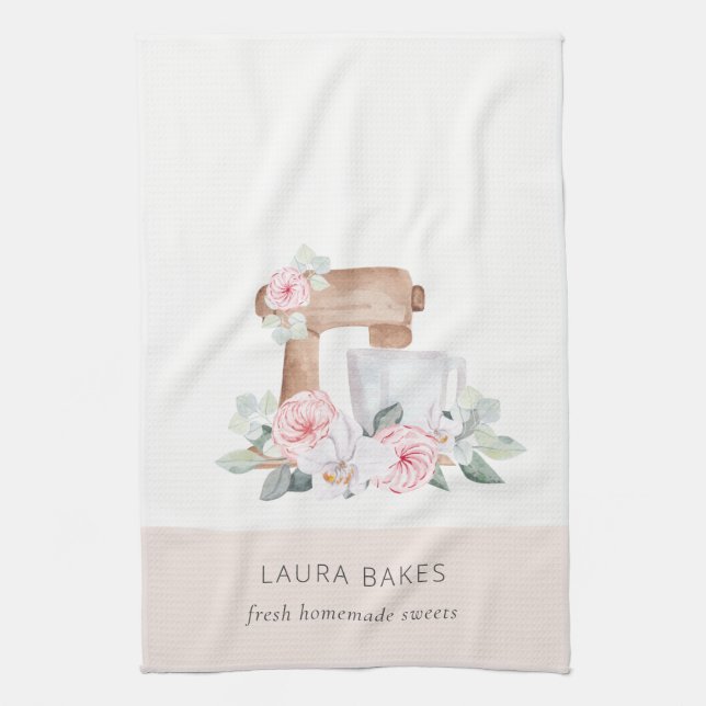 Cute Blush Pink Floral Cake Mixer Bakery Catering Tea Towel (Vertical)