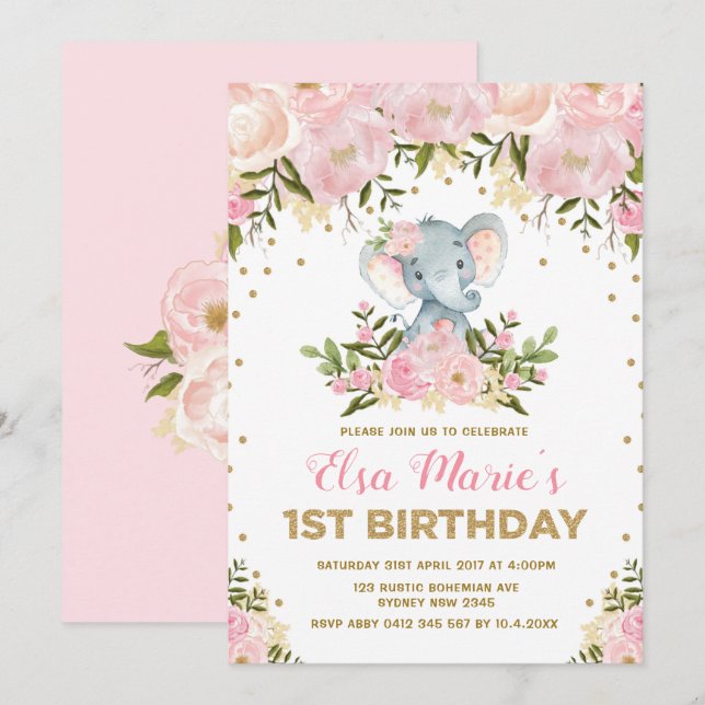 Cute Blush Pink Floral Elephant 1st Birthday Party Invitation (Front/Back)