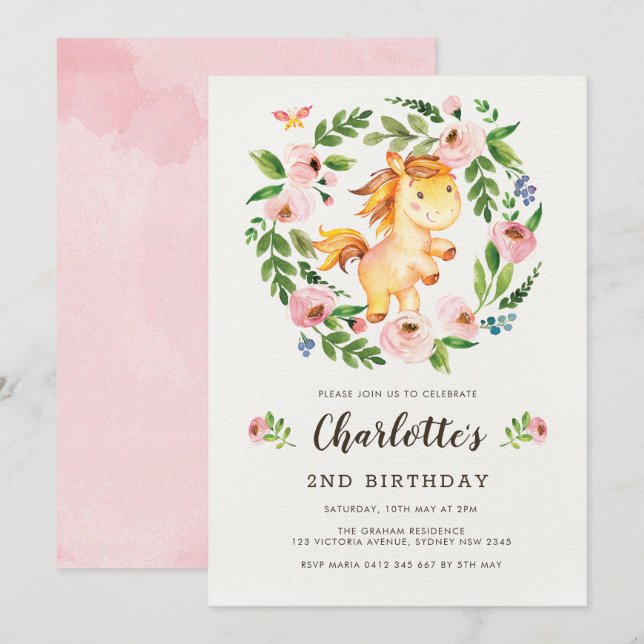 Cute Blush Pink Floral Horse Pony Girl Birthday Invitation (Front/Back)